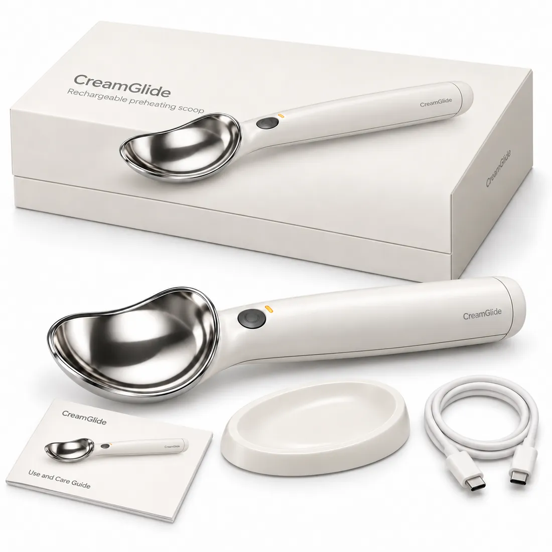 CreamGlide kit: scoop, oval drip rest, USB-C cable and care guide.