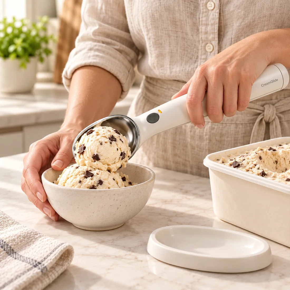 Serving a scoop of chocolate-chip ice cream into a ceramic bowl with CreamGlide.